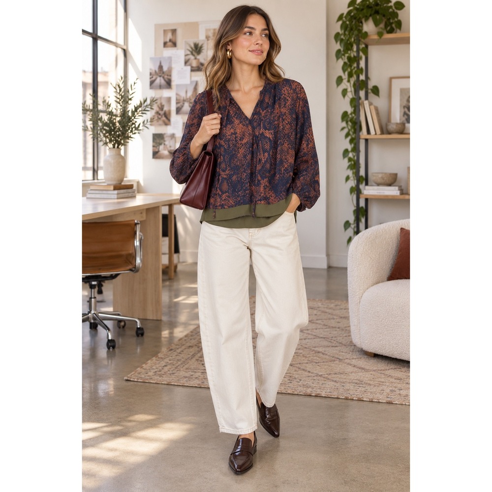 Cabi 101 Snake Print V-Neck Tie Blouse Navy Rust Olive Small
